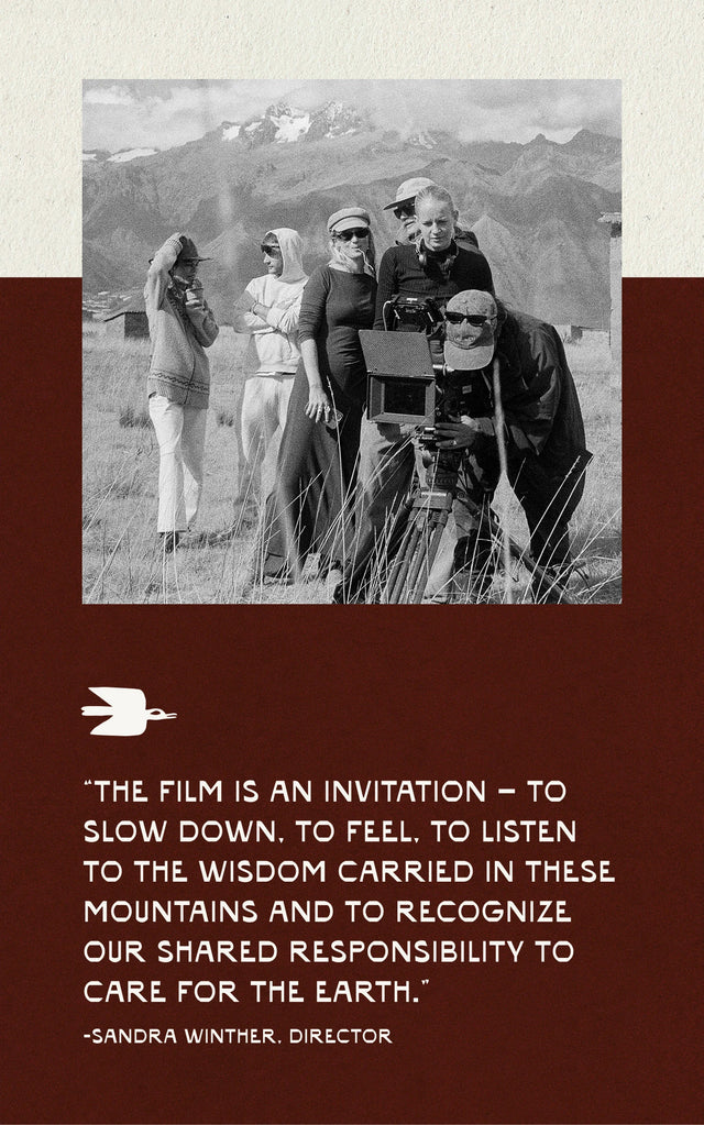 Poster showing black-and-white film-crew photo in the mountains and a quote inviting to slow down and care for the earth