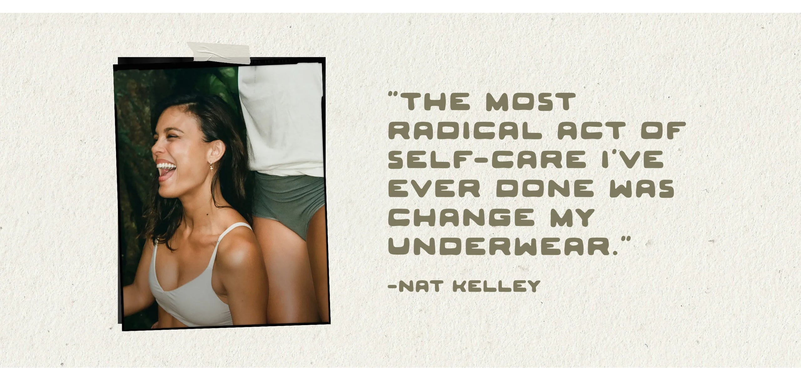 Quote card showing a portrait of a woman and text about switching to natural fibers and why natural materials matter