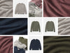 Assorted ultralight alpaca crewneck sweaters and fabric close-ups showcasing knit texture and summer-weight colors on white background