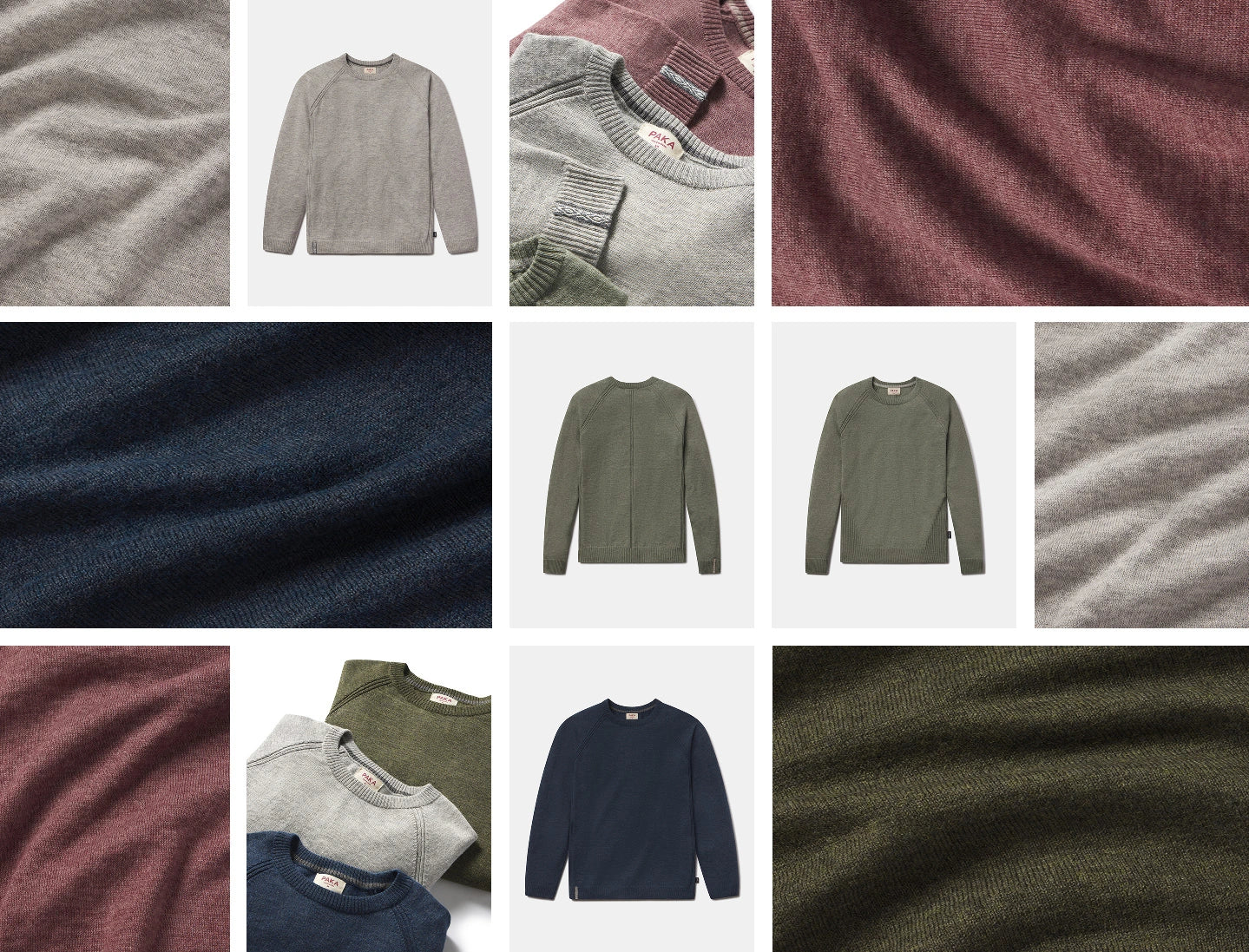 Assorted ultralight alpaca crewneck sweaters and fabric close-ups showcasing knit texture and summer-weight colors on white background