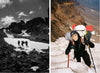 Color photo of two climbers at basecamp beside a black-and-white photo of hikers trekking on a snowy mountain trail