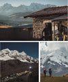 Hikers trekking near a stone mountain shelter beneath Ausangate’s snow-capped peaks in the Andes