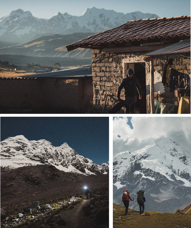 Hikers trekking near a stone mountain shelter beneath Ausangate’s snow-capped peaks in the Andes