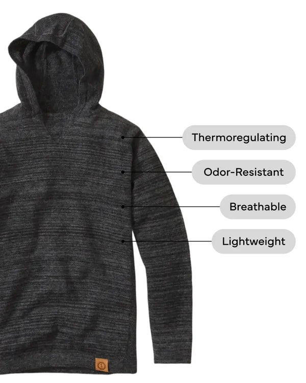 Front view of charcoal alpaca hoodie highlighting thermoregulating, odor-resistant, breathable and lightweight labels on white