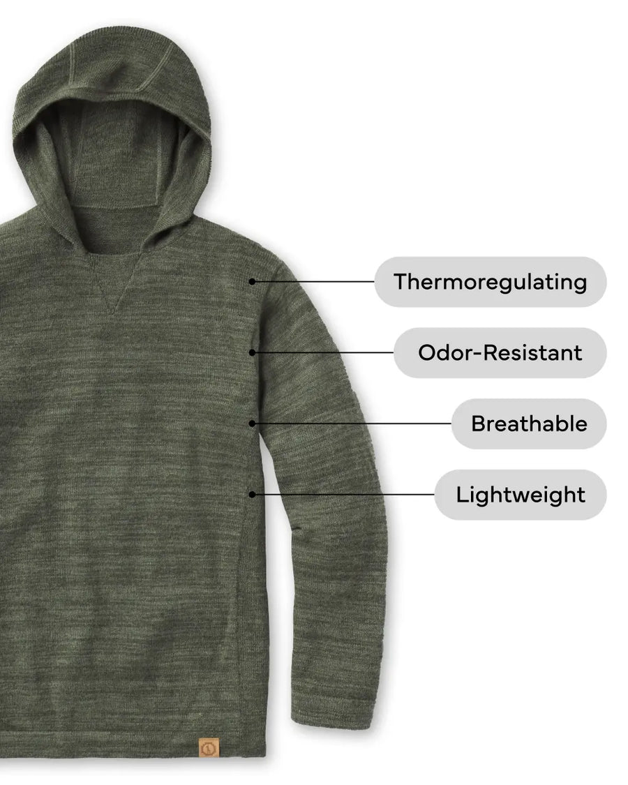 Flat lay of The Hoodie in eucalyptus showing thermoregulating, odor-resistant, breathable, lightweight on white