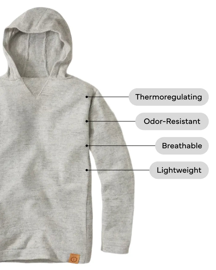 Front view light grey alpaca hoodie with hood and V-neck; labels: Thermoregulating, Odor-Resistant, Breathable, Lightweight