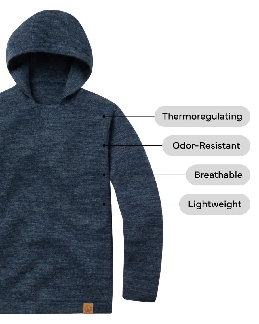 Front view of navy alpaca wool hoodie showing thermoregulating, odor-resistant, breathable and lightweight on white background
