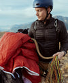 Front view of Mayu ultralight jacket showcasing PAKAFILL insulation and lightweight, packable design on a model outdoors