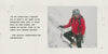 Person in a red jacket standing on a snowy slope with a testimonial quote about the Huascarán jacket beside them