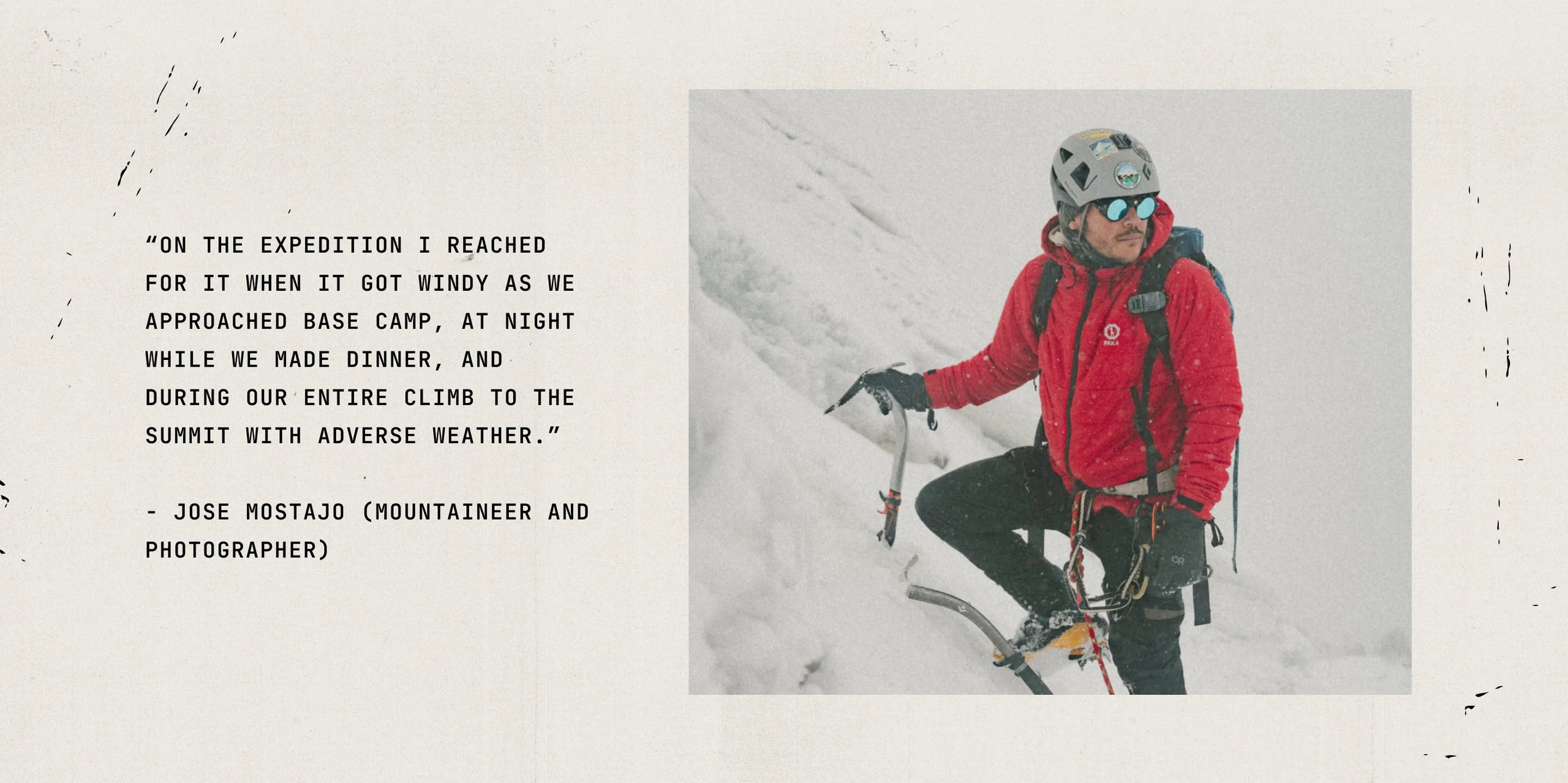 Person in a red jacket standing on a snowy slope with a testimonial quote about the Huascarán jacket beside them