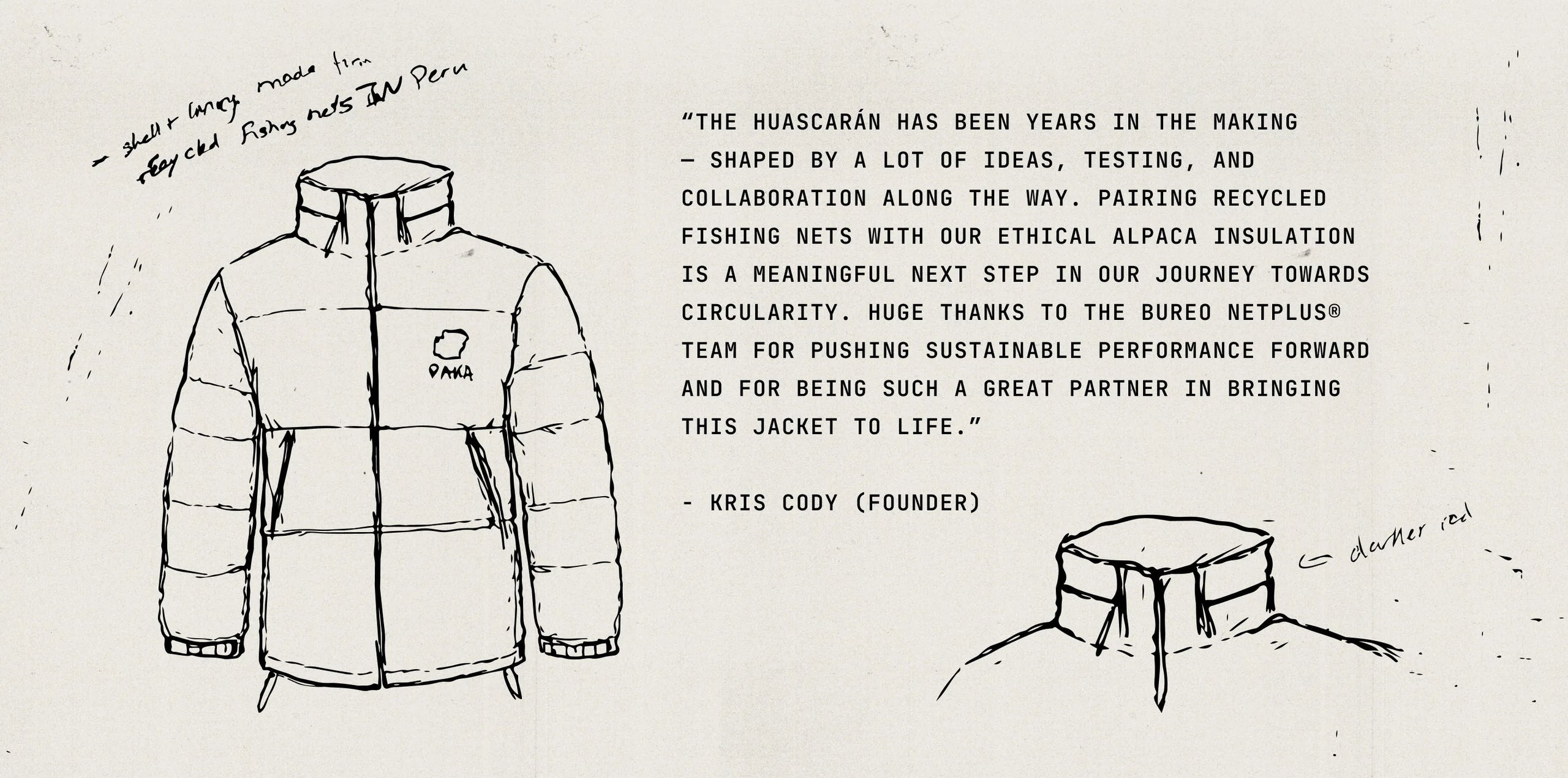 Quote graphic about designing the Huascarán jacket inspired by Peru with a small jacket sketch