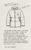 Illustrated jacket sketch with founder Kris Cody quote about pairing recycled fishing nets and alpaca insulation