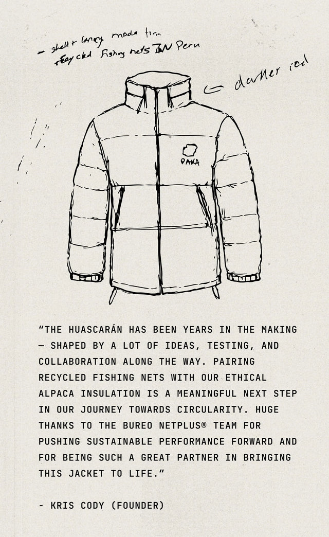 Illustrated jacket sketch with founder Kris Cody quote about pairing recycled fishing nets and alpaca insulation