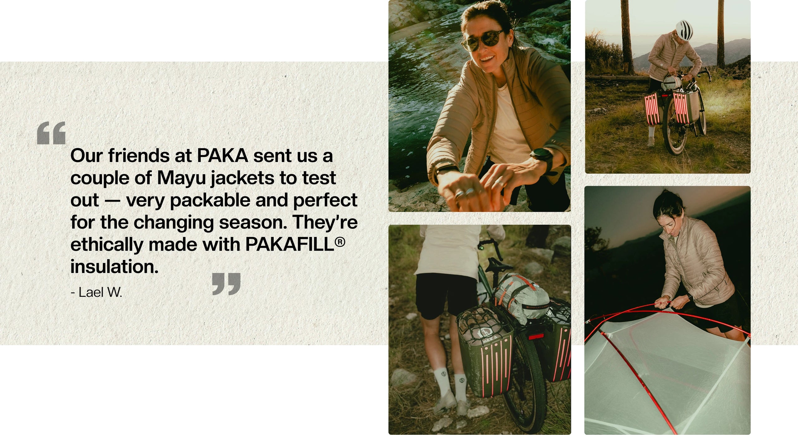 Quote graphic with Lael Wilcox testimonial about the Mayu Ultralight jacket alongside four photos of cyclist and landscapes