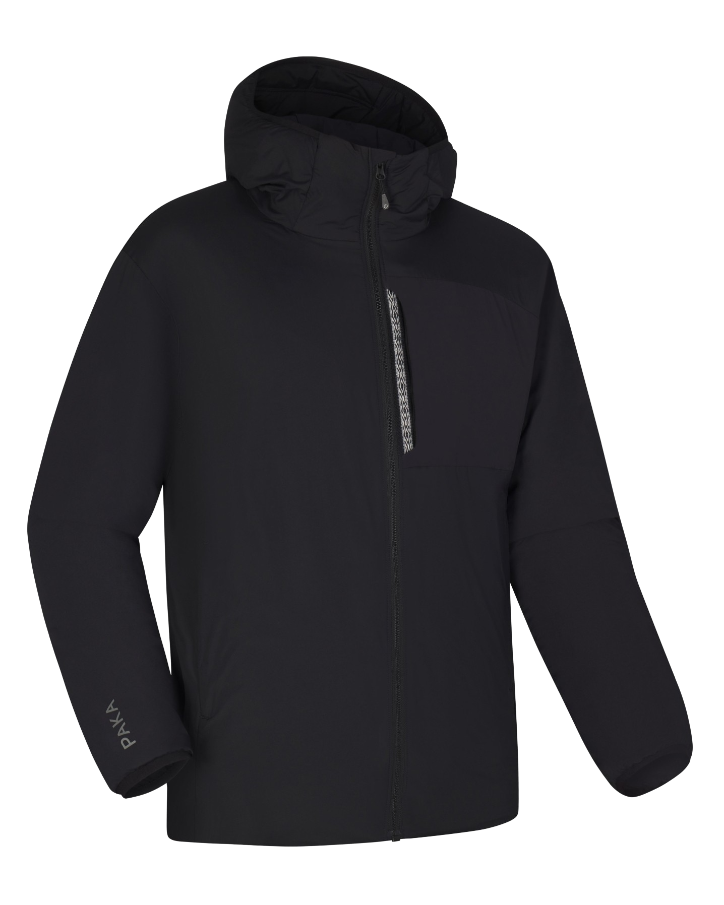 Front of men’s Apu lightweight black puffer jacket with hood, chest zip pocket and PAKA sleeve logo on transparent background