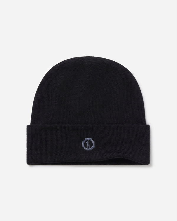 Top view of black cuffed beanie showing small embroidered logo on folded cuff against a light gray background