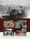 Collage of film stills: people on a boat in the Andean mountains, a colorful handwoven textile, and portraits of weavers