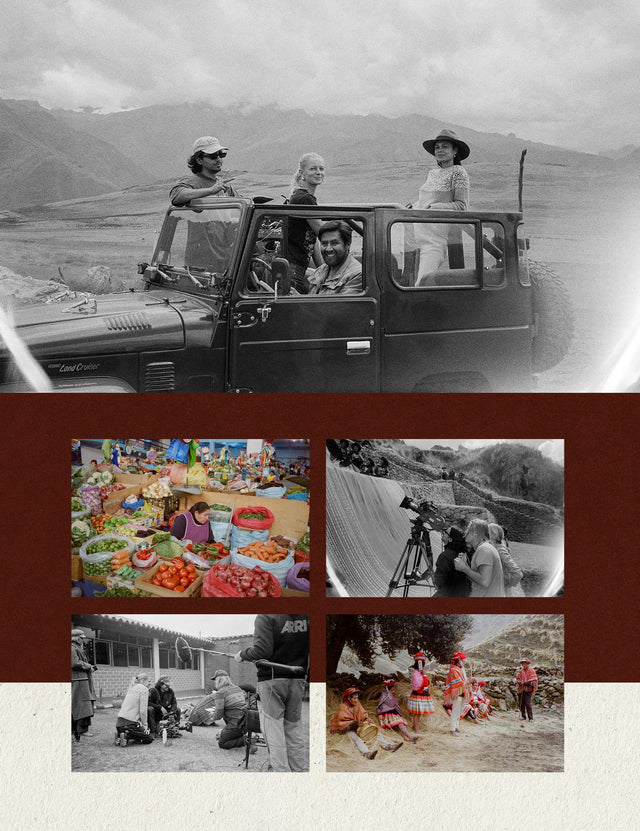 Collage of film stills: people on a boat in the Andean mountains, a colorful handwoven textile, and portraits of weavers