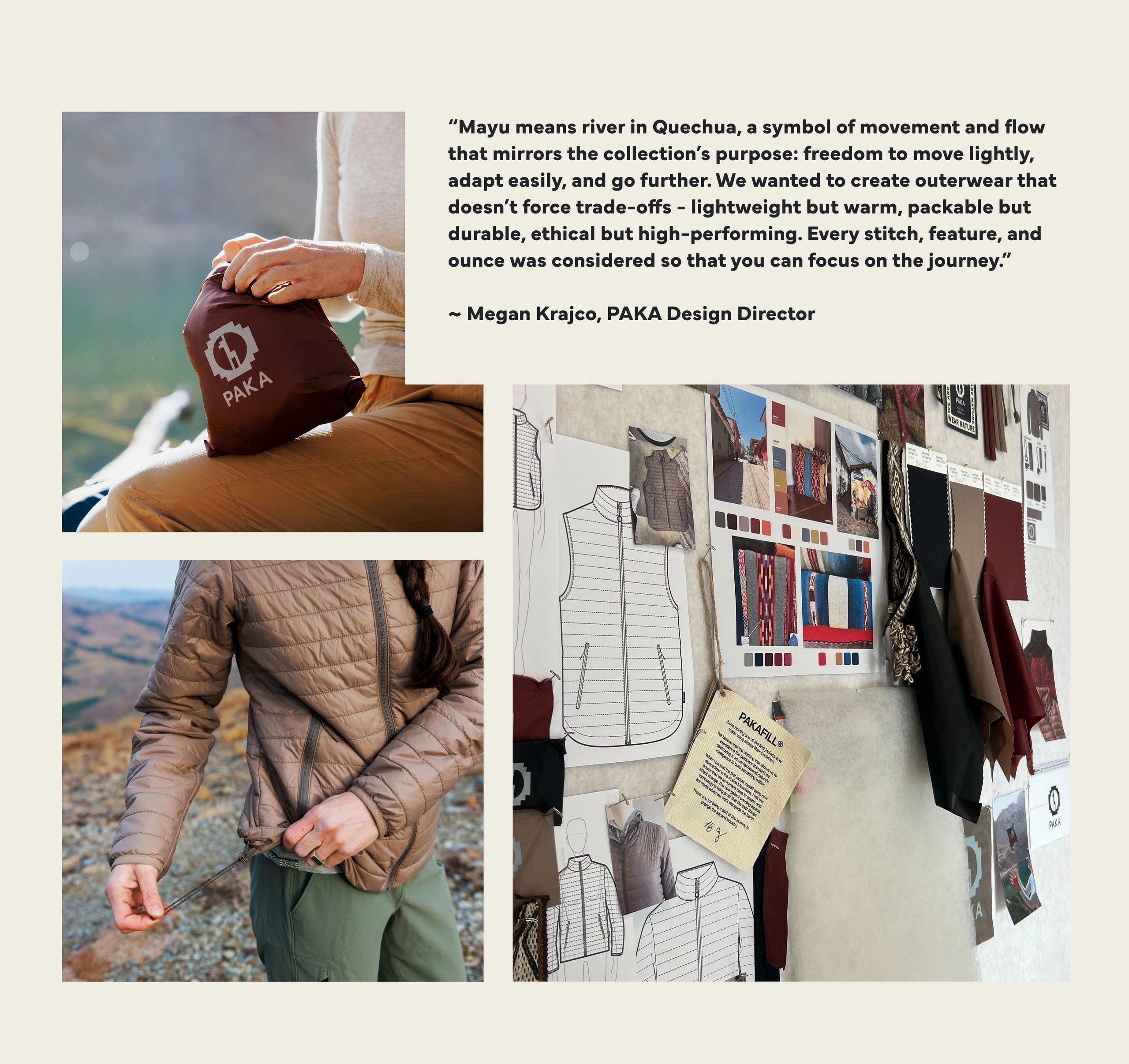 Graphic quote from Megan praising the Mayu Ultralight jacket for high warmth with minimal weight