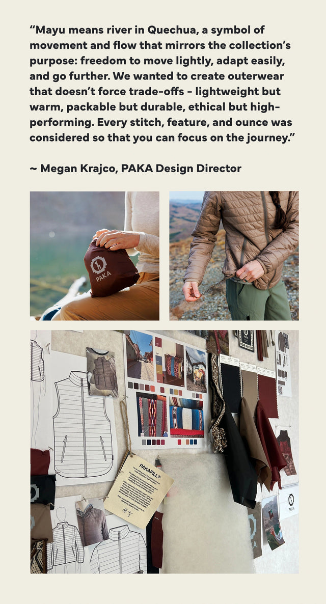 Quote graphic showing PAKA design director praising Mayu’s lightweight warmth and refined design
