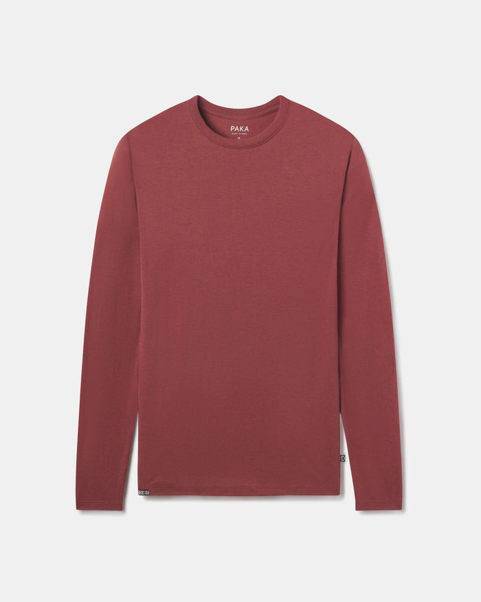 Flat lay of Men’s Aire Long Sleeve alpaca shirt in clay showcasing crew neck and long sleeves on white background