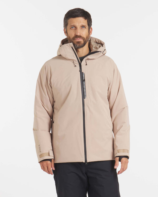 Front view of Men’s Apu Parka in desert tan, hooded jacket with black center zipper and adjustable cuffs on white background