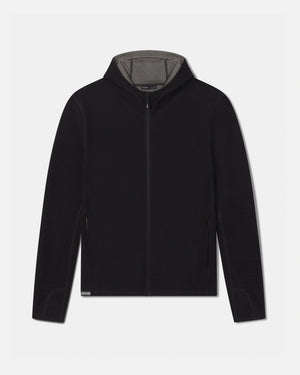 Front view of Men’s Breathe Full Zip Hoodie with zipper, hood with gray lining, zippered pockets on light gray background