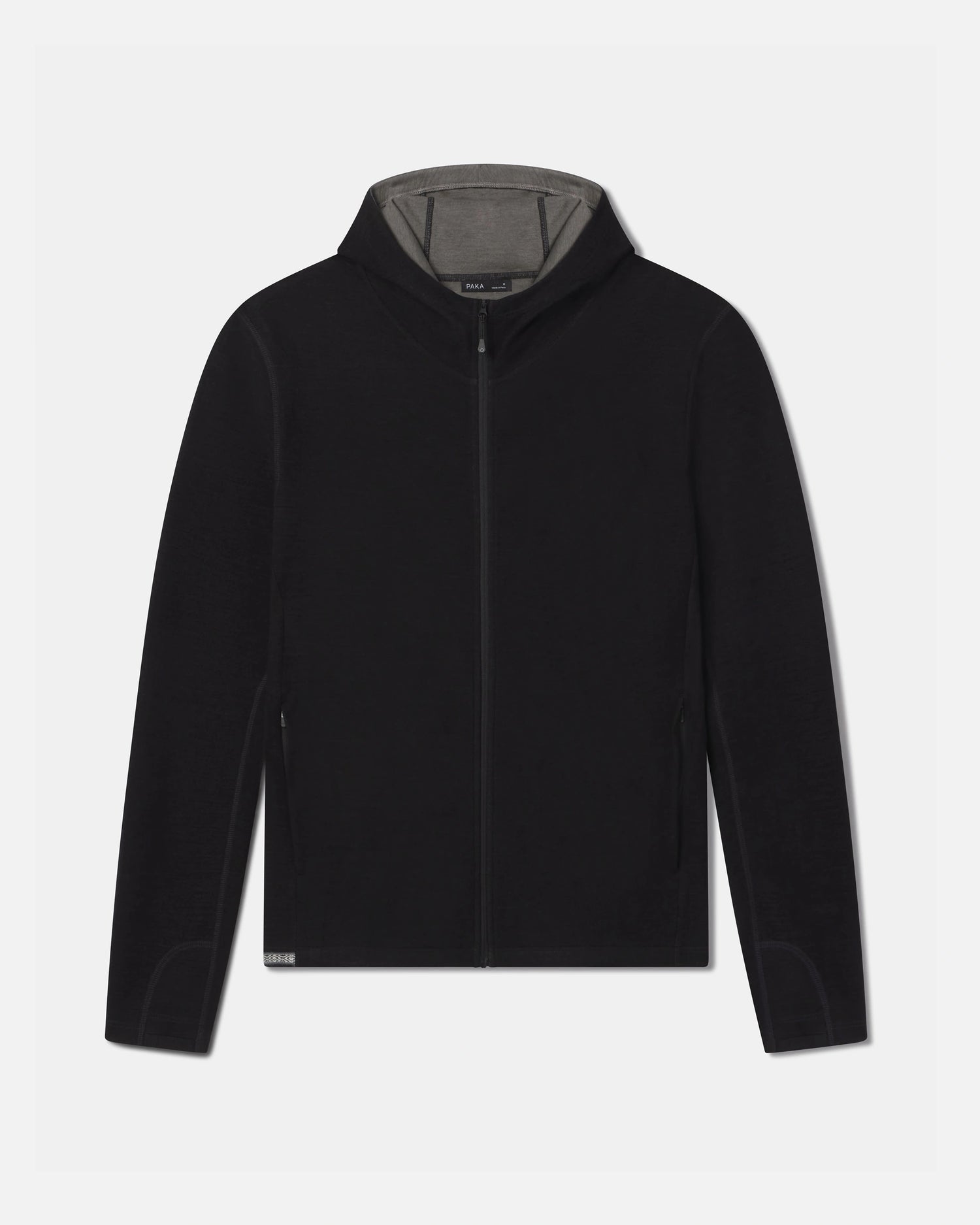 Front view of Men’s Breathe Full Zip Hoodie with zipper, hood with gray lining, zippered pockets on light gray background