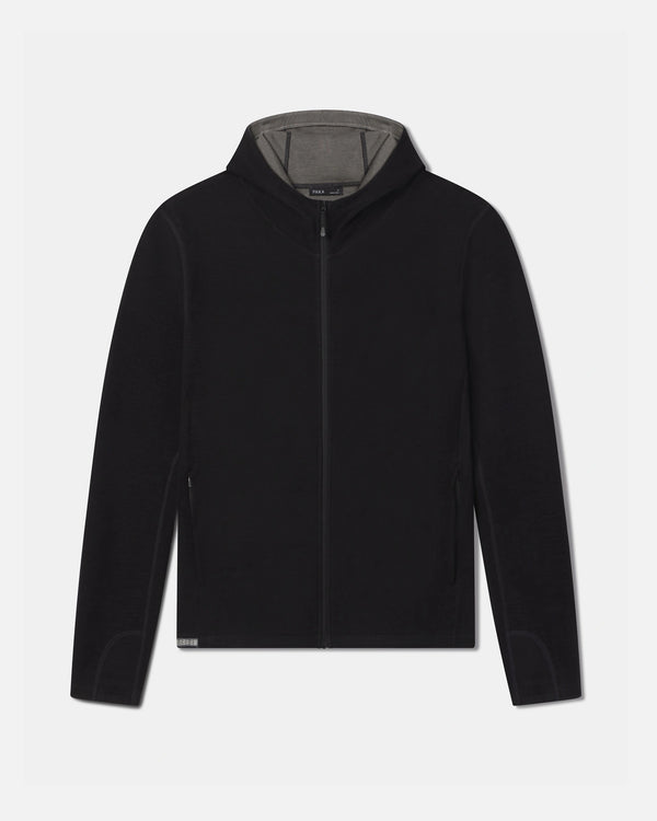 Front view of Men’s Breathe Full Zip Hoodie with zipper, hood with gray lining, zippered pockets on light gray background