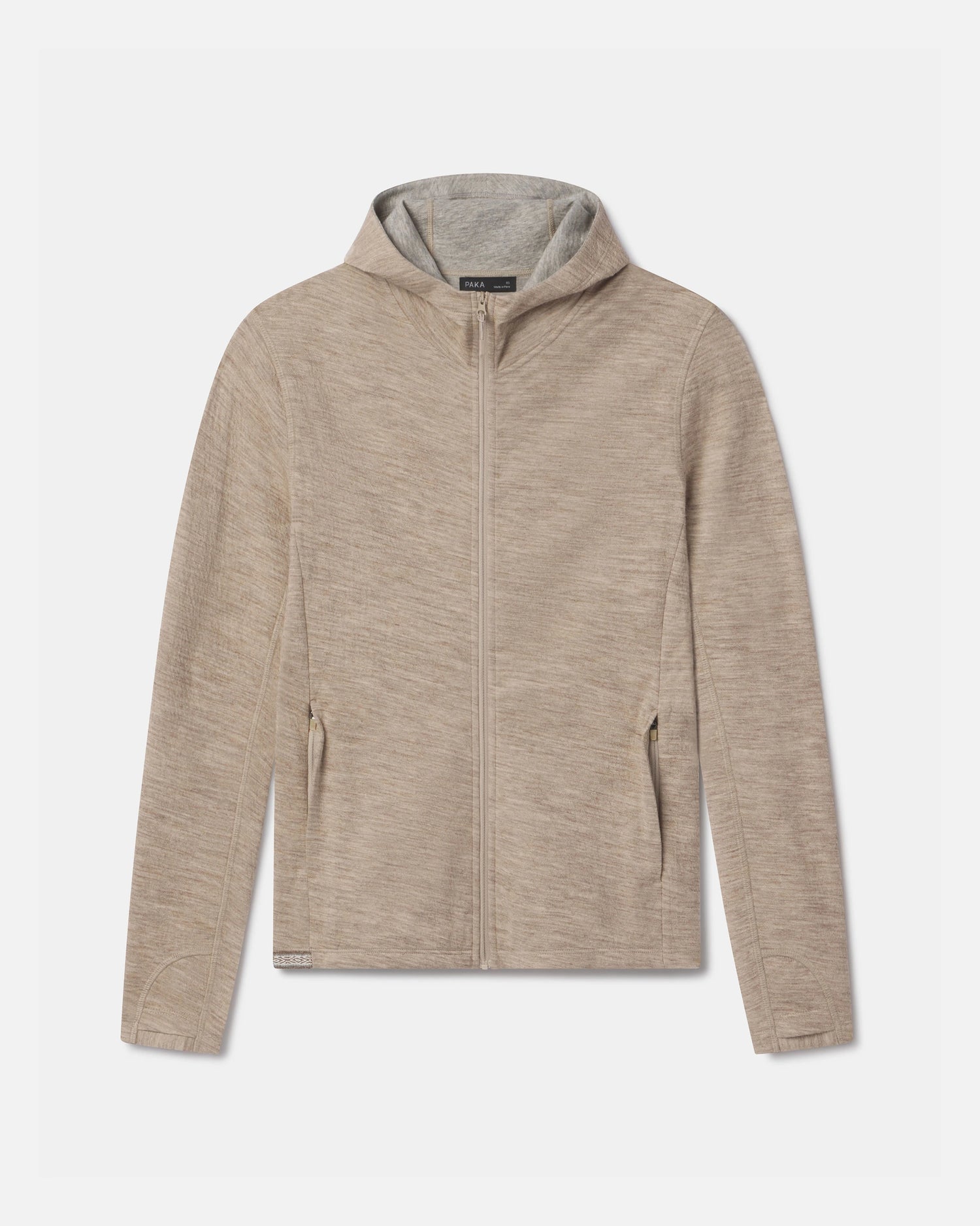 Front view of Men’s Breathe full-zip hoodie in timber showcasing zippered pockets, hood, and slim athletic fit on white background