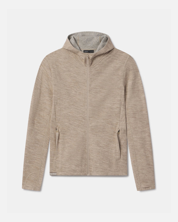 Front view of Men’s Breathe full-zip hoodie in timber showcasing zippered pockets, hood, and slim athletic fit on white background