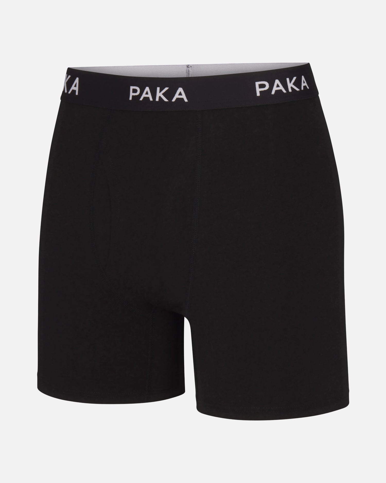 Front view of Essential Boxer Brief in black with PAKA elastic waistband and mid-thigh length on white background