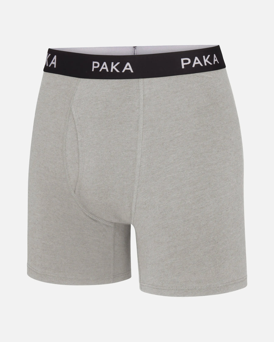 Front view of Men’s Essential Boxer Brief in heather grey showcasing black waistband with PAKA logo and contoured pouch on white background