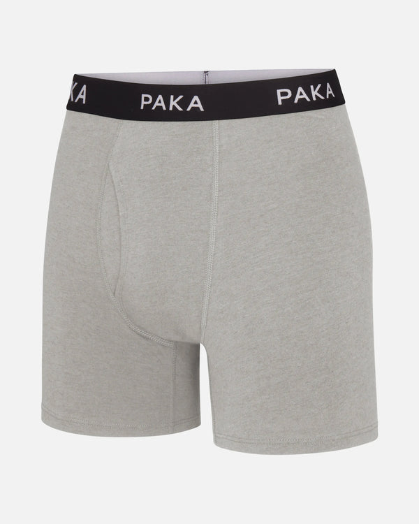 Front view of Men’s Essential Boxer Brief in heather grey showcasing black waistband with PAKA logo and contoured pouch on white background