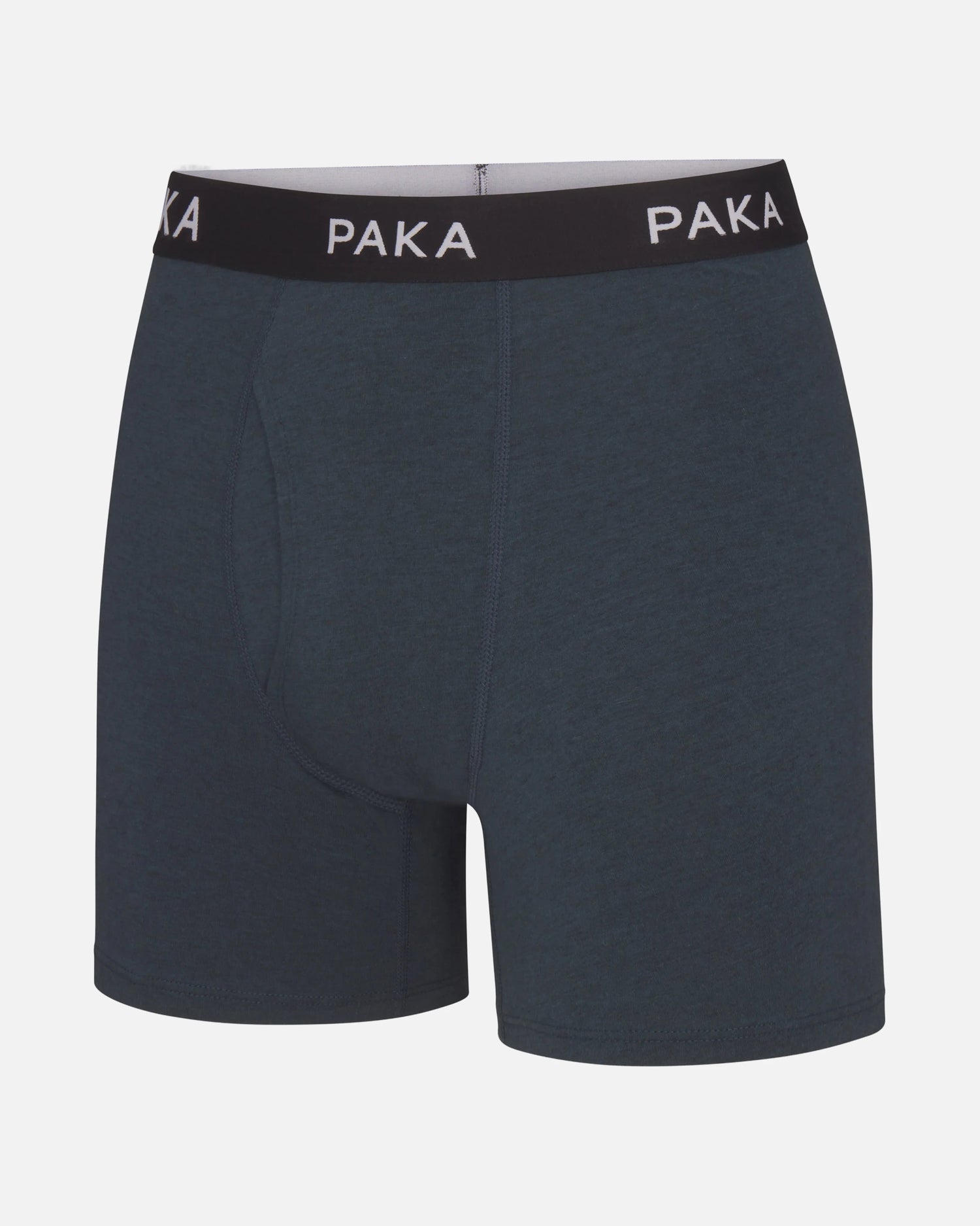Front view of men’s navy boxer brief with PAKA-branded black waistband and contoured front pouch on light gray background