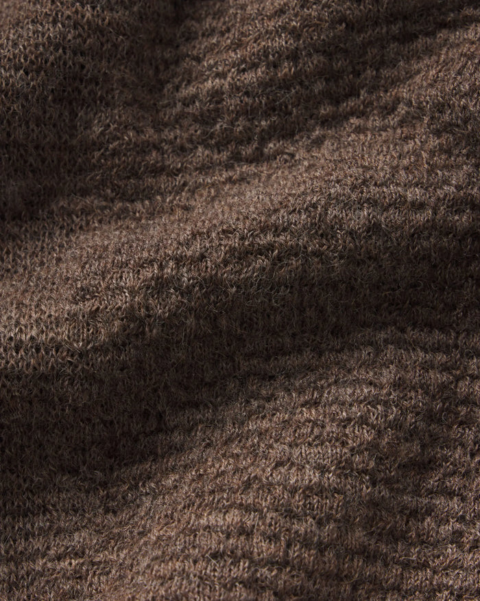 Detail close-up of Men’s Mountain Crew sweater showcasing brown alpaca-blend knit texture and spongy stitch detail