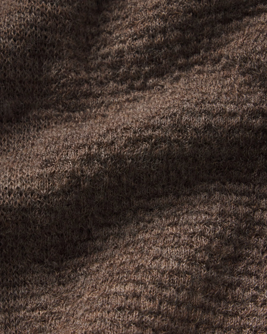 Detail close-up of Men’s Mountain Crew sweater showcasing brown alpaca-blend knit texture and spongy stitch detail