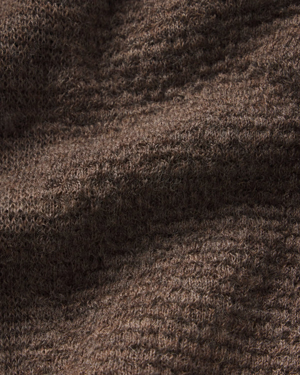 Detail close-up of Men’s Mountain Crew sweater showcasing brown alpaca-blend knit texture and spongy stitch detail