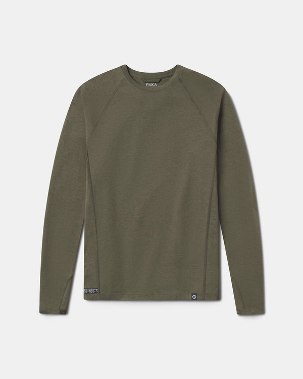 Flat front view of Men’s Sol Crew long sleeve UPF shirt in Andean Moss showing crew neck and raglan sleeves on light gray