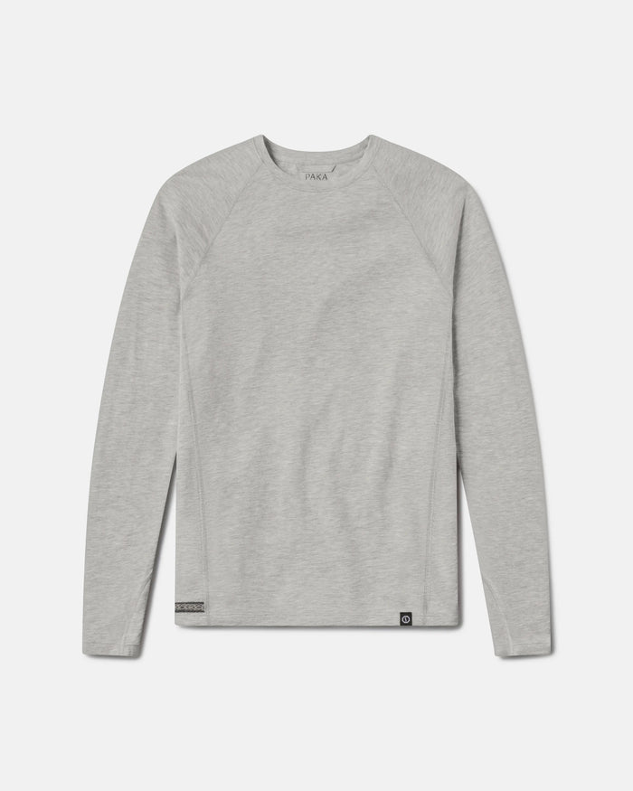Flat front view of Men’s Sol Crew long sleeve UPF sun shirt in heather gray showing raglan sleeves and crew neckline on a light background