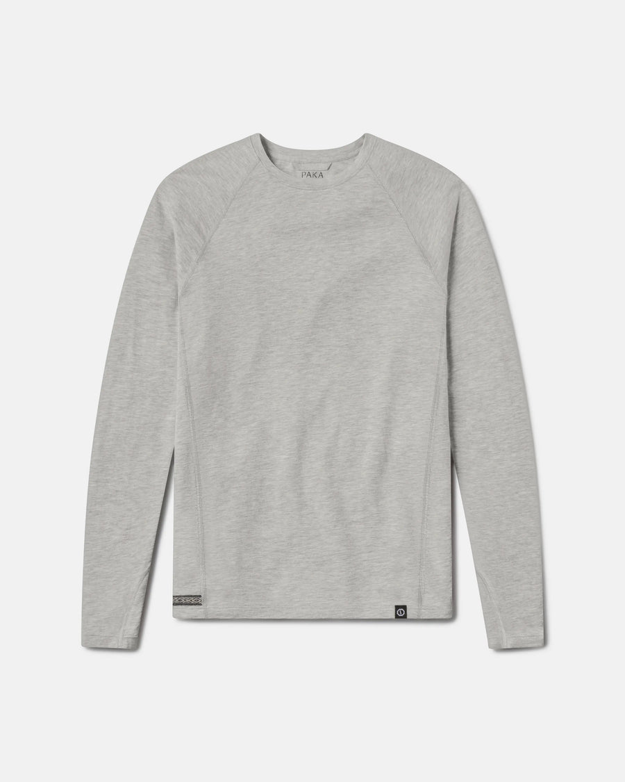 Flat front view of Men’s Sol Crew long sleeve UPF sun shirt in heather gray showing raglan sleeves and crew neckline on a light background