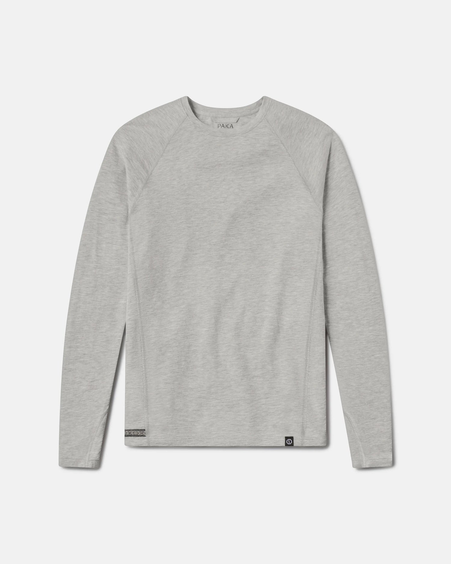 Flat front view of Men’s Sol Crew long sleeve UPF sun shirt in heather gray showing raglan sleeves and crew neckline on a light background