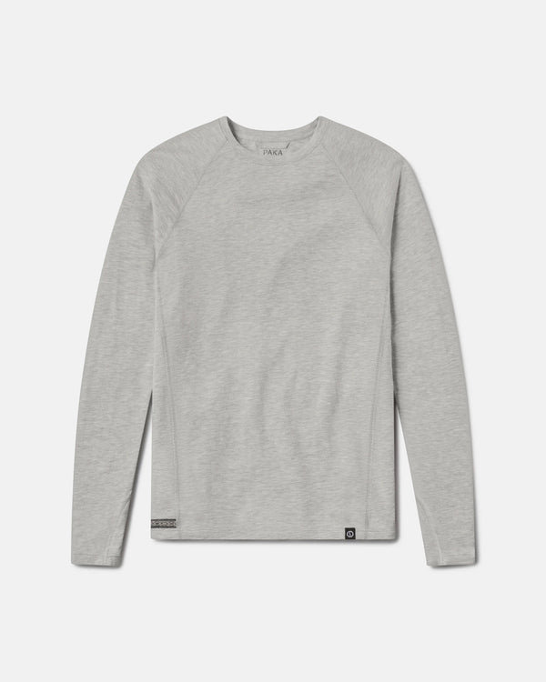 Flat front view of Men’s Sol Crew long sleeve UPF sun shirt in heather gray showing raglan sleeves and crew neckline on a light background