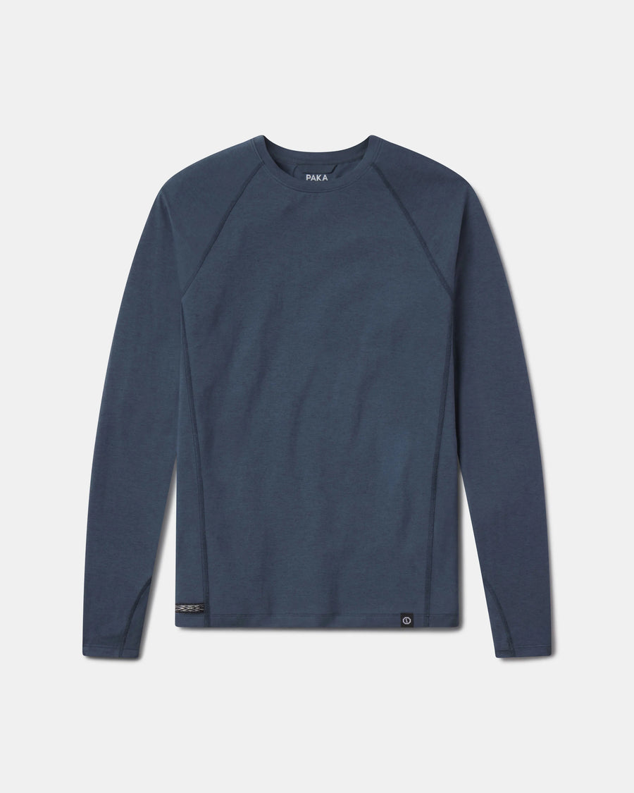 Front flat lay of Men’s Sol Crew long-sleeve UPF sun shirt in navy showing raglan sleeves and hem tag on white background