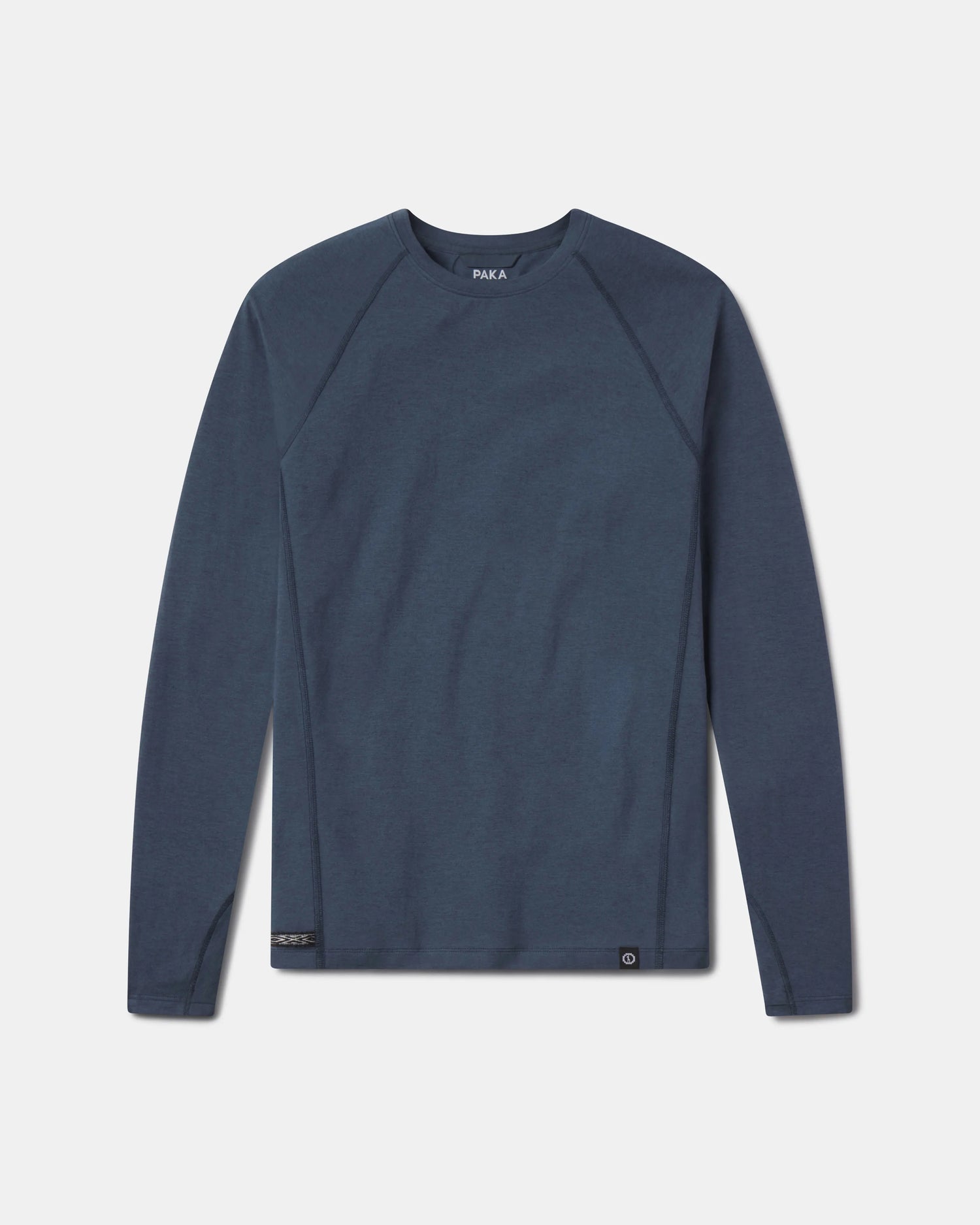Front flat lay of Men’s Sol Crew long-sleeve UPF sun shirt in navy showing raglan sleeves and hem tag on white background