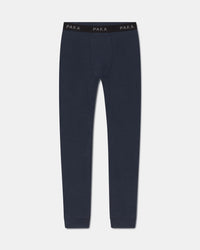 A pair of dark navy blue knit pants with a black elastic waistband featuring the brand name 'PAKA' printed in white, shown against a light gray background.