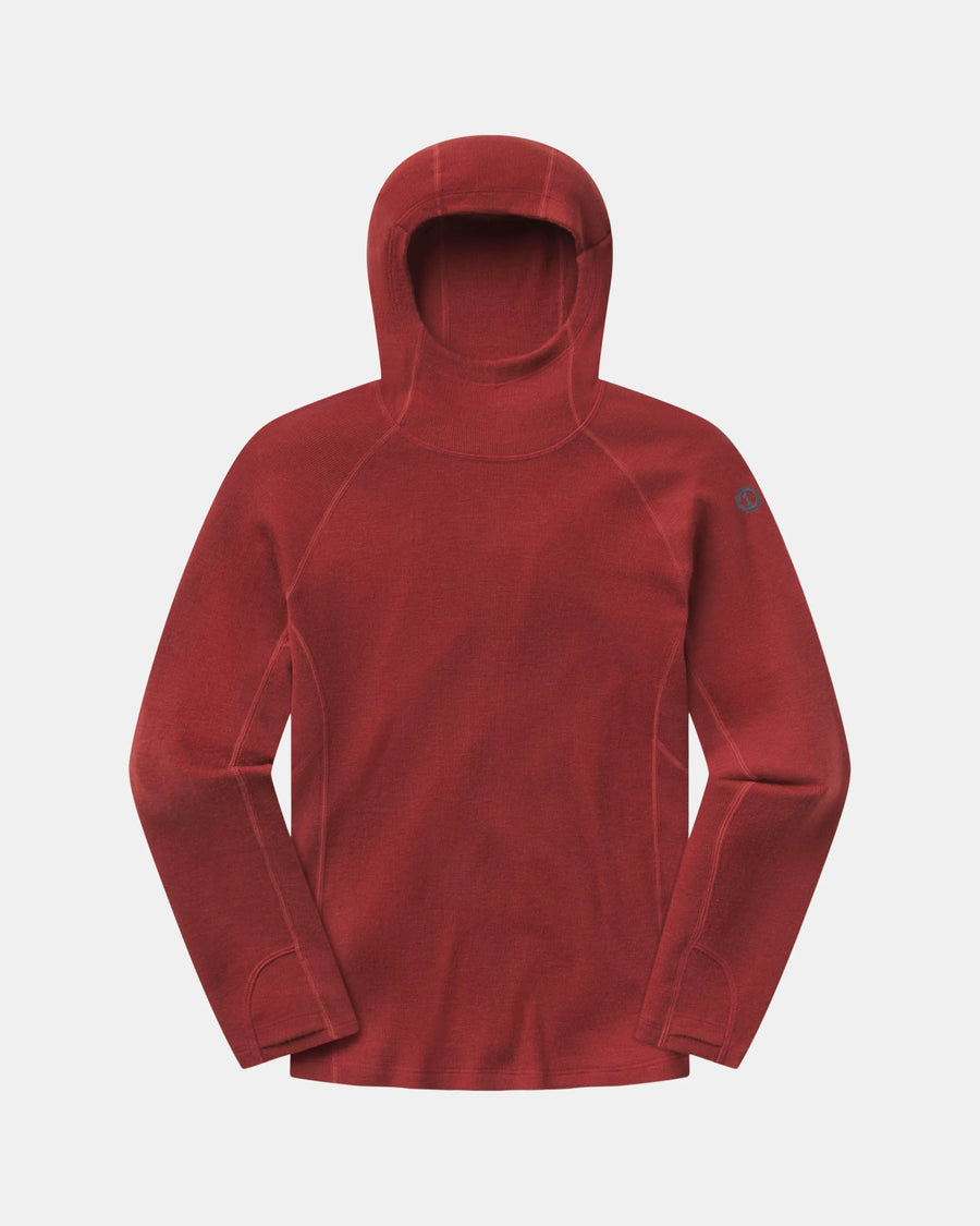 Front view of Men’s Thermal Hoodie in clay showing fitted hood, raglan seams and thumbhole cuffs on light background