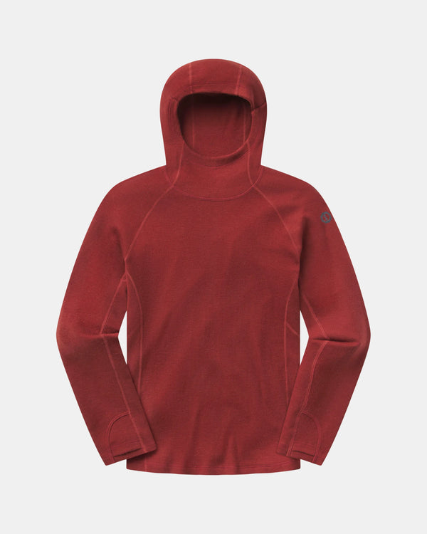 Front view of Men’s Thermal Hoodie in clay showing fitted hood, raglan seams and thumbhole cuffs on light background
