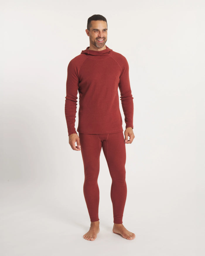 Front view of Men’s Thermal Hoodie in clay on model, slim fit with ergonomic hood and raglan sleeves, plain light background