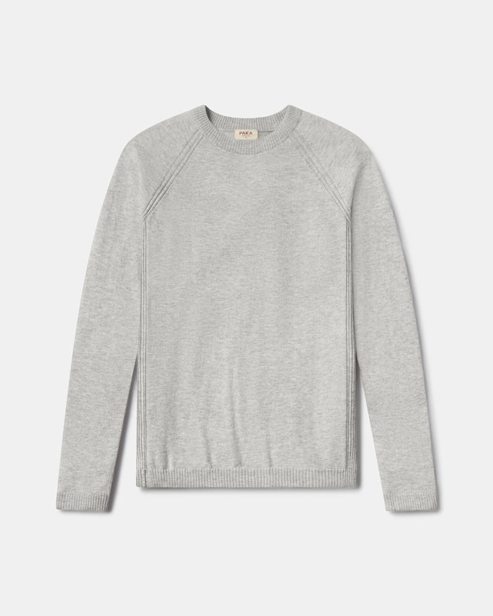 Front flat lay of Men’s Ultralight Crew in ice heather grey showing raglan seams and ribbed hem on light background
